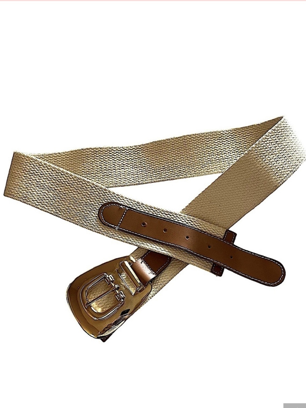 Leather Shop Ivory Canvas Cognac Leather Wide Stretch Belt Gold Buckle Large